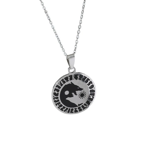 Vintage stainless steel wolf pendant necklace with sun and moon runic symbols