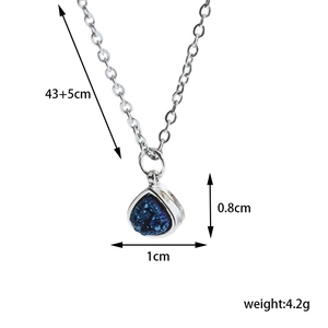 Blue teardrop druzy pendant necklace with detailed size and weight measurement guide