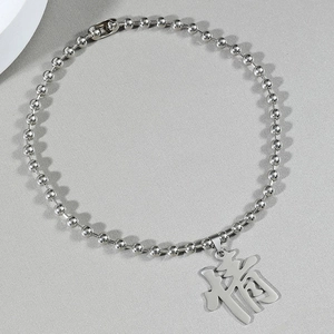Collier Pendentif Amour en Acier Inoxydable Caractère Chinois Chaîne à Billes Couleur Argent Bijoux Streetwear Homme Femme
