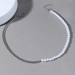Versilberte Legierung Panzerkette Und Imitationsperlen Spleißen Halskette Minimalistische Unisex Halsketten Für Herren Damen Alltag Party Schmuck