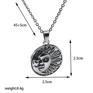 Detailed size chart of vintage sun and moon pendant with 45cm stainless steel O-chain