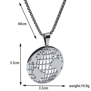 Hollow globe pendant necklace in stainless steel with 60cm box chain dimensions detail