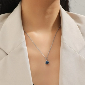 Simple Alloy Blue Teardrop Pendant Necklace For Women Fashion Silver Chain Rhinestone Jewelry Daily Wear Accessories Gift