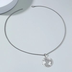 Minimalist silver stainless steel hollow world map earth pendant on thin box chain necklace