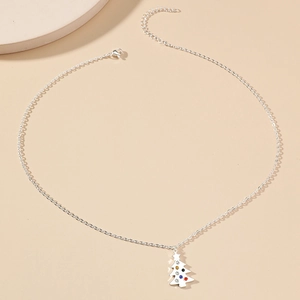 Minimalist Alloy Christmas Tree Pendant Necklace For Women Silver Tone Multi Colored Rhinestone Xmas Holiday Party Jewelry