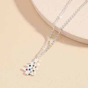 Silver Christmas tree pendant necklace with multicolor rhinestones on minimalist chain