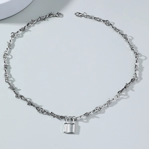 Silver hip hop necklace with barbed wire chain design and a polished padlock pendant