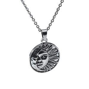 Celestial sun and moon face pendant necklace in vintage silver stainless steel finish