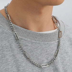 Collana da uomo a catena cubana argento con maglie geometriche rettangolari lucide