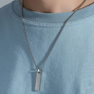 Men's silver stainless steel necklace with square Roman numeral pillar pendant