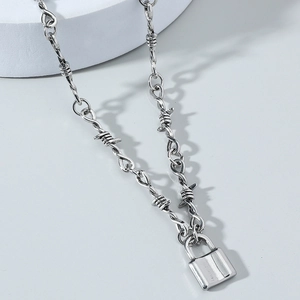Hip Hop Silver Padlock Pendant Barbed Wire Alloy Necklace Minimalist Unisex Punk Streetwear Fashion Jewelry Accessory Gift