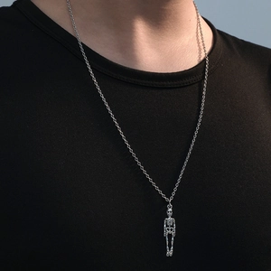 Men's punk human skeleton pendant on O-chain necklace made of silver stainless steel