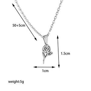 Detail view of hollow rose pendant necklace showing dimensions 1.5x1cm and 50+5cm chain length