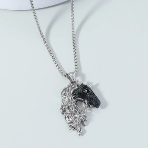 Collier Pendentif Tête de Cheval Homme Hip Hop Alliage Argent Noir Style Animal Bijoux Zodiaque Chaîne de Pull Tendance