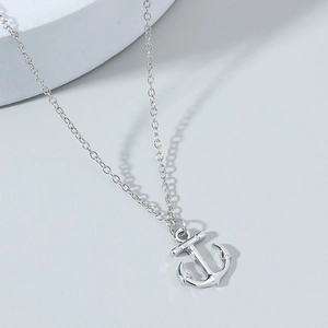 Polished silver nautical anchor pendant necklace with fine curb chain for men and women