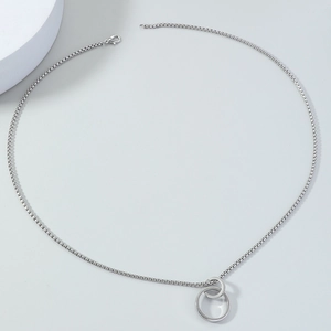 Stainless Steel Interlocking Double Ring Pendant Necklace For Men Minimalist Silver Box Chain Neck Jewelry Versatile Sweater Chain