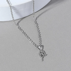 Stainless Steel Hollow Rose Pendant Necklace For Men Women Silver Tone O-Chain Minimalist Floral Jewelry Accessory Gift