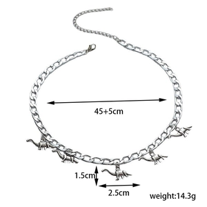 Silver dinosaur charm necklace with Cuban chain link detail, 45cm length for men