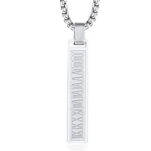 Mens silver stainless steel square pillar pendant necklace with Roman numeral engravings