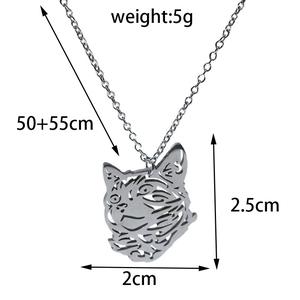 Hollow cat head pendant necklace dimensions shown as 2.5x2cm with a 50+55cm chain