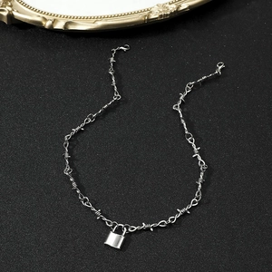 Hip hop silver thorn chain necklace with rectangular lock pendant in punk style