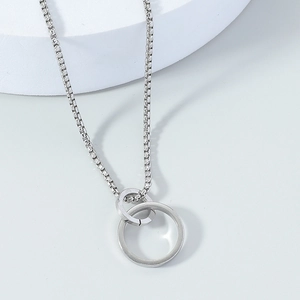 Minimalist stainless steel necklace featuring double interlocking circles on a box chain