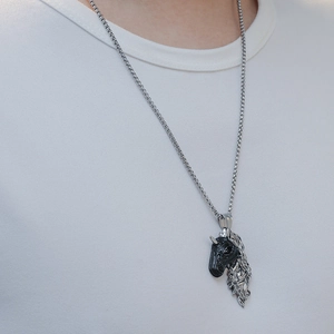 Collier hip hop pour homme avec pendentif tête de cheval noir et argent et chaîne