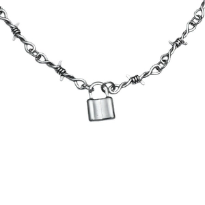 Hip hop silver lock pendant necklace with thorn barbed wire chain industrial style
