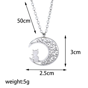 Detail view showing dimensions and weight of hollow moon and cat necklace pendant