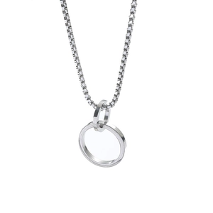 Minimalist stainless steel necklace featuring interlocking double rings and box chain link