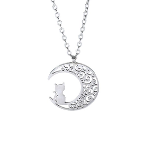 Minimalist hollow moon and cat pendant necklace in polished silver stainless steel
