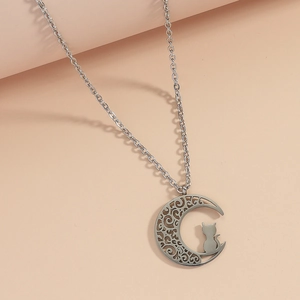 Minimalist hollow moon and cat pendant necklace in polished silver stainless steel