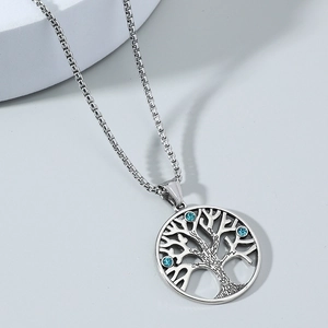 Collier Arbre de Vie vintage avec strass bleus et chaîne en maille vénitienne acier