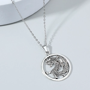 Collier Pendentif Totem Dragon de Style Chinois pour Hommes Alliage d'Argent Rond Sculpté Ajouré Hip Hop Bijoux Rétro