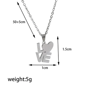 Detailed view of LOVE heart pendant with dimensions 1.5x1cm and 50+5cm adjustable chain