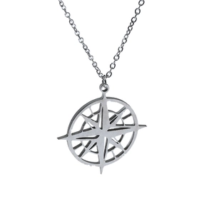 North Star compass pendant necklace in silver stainless steel with delicate cable chain