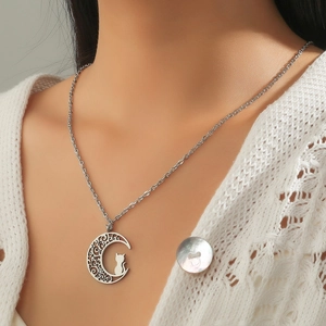 Stainless Steel Hollow Moon Cat Pendant Necklace For Women Minimalist Korean Style Silver Color Elegant Jewelry Gift