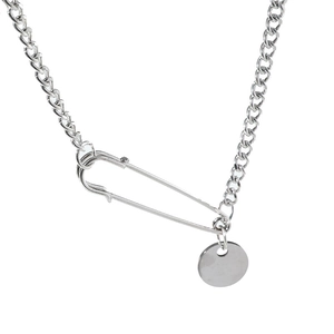 Collier gourmette en acier inoxydable argenté avec pendentif trombone et disque