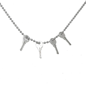 Silver bead chain necklace for men featuring four minimalist key pendants on white background