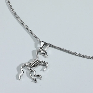 Silver skeleton unicorn pendant with woven steel chain in punk gothic style for men