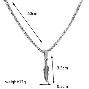 Detailed view of stainless steel feather pendant with precise dimensions and chain length