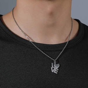Silver stainless steel LOVE heart pendant necklace for men with a minimalist link chain