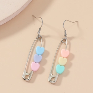 Korean Style Safety Pin Dangle Earrings With Macaron Color Resin Heart Beads Alloy Paperclip Drop Earrings For Women