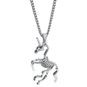 Silver unicorn skull pendant necklace in stainless steel with a spiral horn and ribcage detail