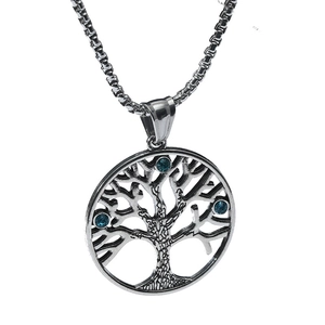Pendentif Arbre de Vie vintage avec pierres bleues et chaîne à mailles carrées homme