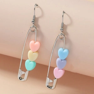 Minimalist paperclip earrings with colorful macaron heart beads in matte silver finish