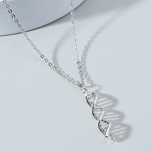 Silver DNA double helix pendant necklace in minimalist metal alloy for science lovers