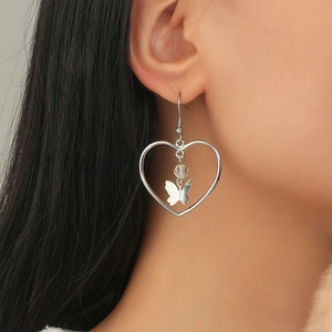 Boucles D'oreilles Pendantes Cœur Évidé Avec Papillon Et Perle Pour Femmes Bijoux Élégants En Alliage