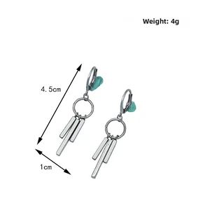 Detailed view of geometric column tassel earrings showing 4.5cm length and 1cm width dimensions