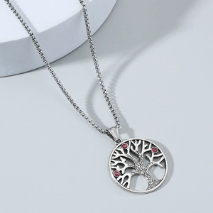 Collier vintage arbre de vie en argent pour homme avec strass rouges en acier brossé